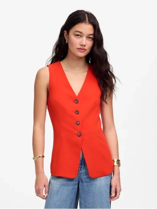 NEW! Madewell Cutaway Long Vest in Bright Flame Red Size 2 - Picture 2 of 10